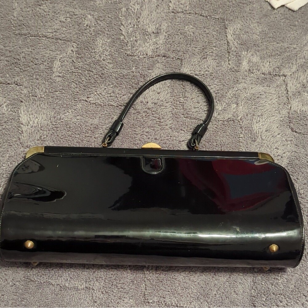 Vintage Women’s Small Black Patent Finish Top Handle Clutch, Grandma Chic